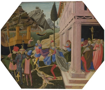 Probably by Zanobi Strozzi, 1412 - 1468 The Abduction of Helen about 1450-5 Egg tempera on wood, 51 x 60.8 cm Bought, 1857 NG591 https://www.nationalgallery.org.uk/paintings/NG591